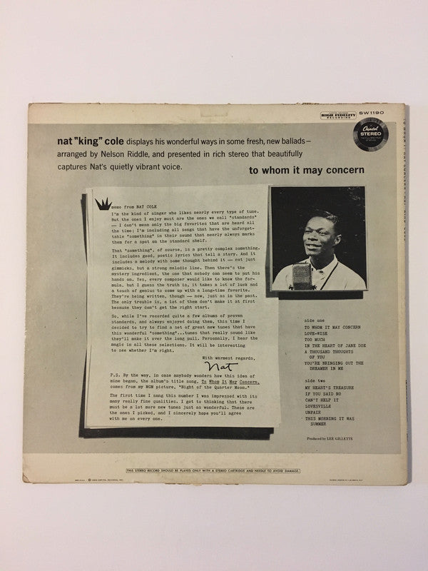 Nat King Cole - To Whom It May Concern (LP) (G+) - Endless Media