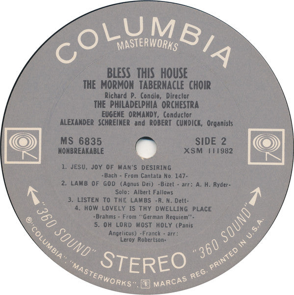 Mormon Tabernacle Choir, Richard P. Condie, The Philadelphia Orchestra, Eugene Ormandy - Bless This House (LP) (VG+) - Endless Media