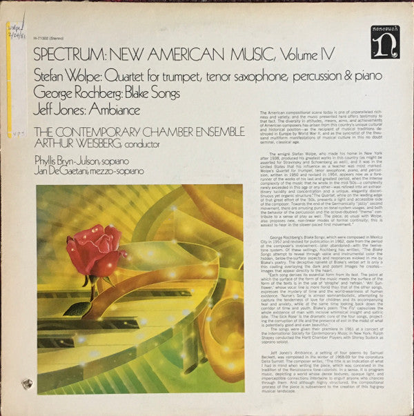 Stefan Wolpe / George Rochberg / Jeff Jones - Contemporary Chamber Ensemble, Arthur Weisberg, Phyllis Bryn-Julson, Jan DeGaetani - Spectrum: New American Music, Volume IV (LP) (VG+) - Endless Media