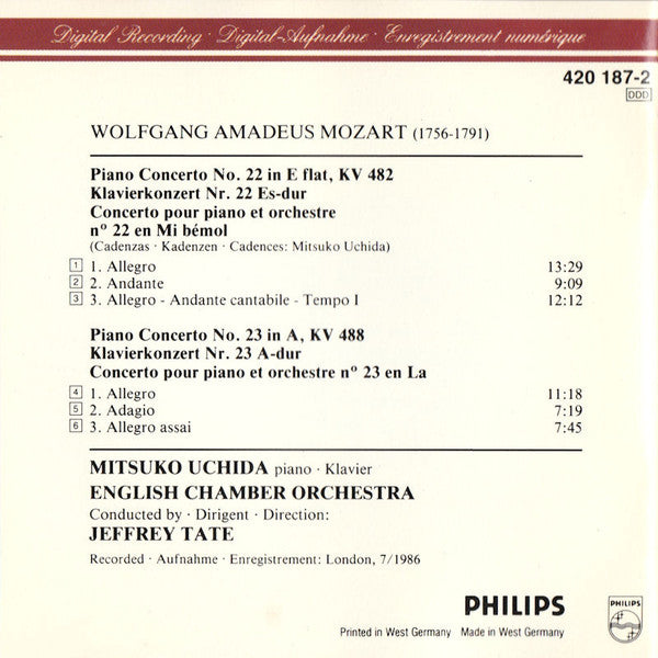 Wolfgang Amadeus Mozart, Mitsuko Uchida, English Chamber Orchestra, Jeffrey Tate - Piano Concertos No.22 KV482, No.23 KV488 (CD) (NM or M-) - Endless Media