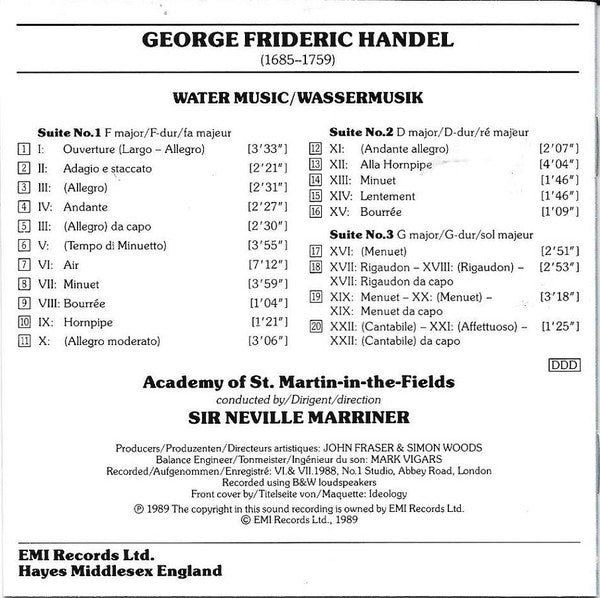 Georg Friedrich Händel, The Academy Of St. Martin-in-the-Fields, Sir Neville Marriner - Water Music/Wassermusik (CD) (NM or M-) - Endless Media