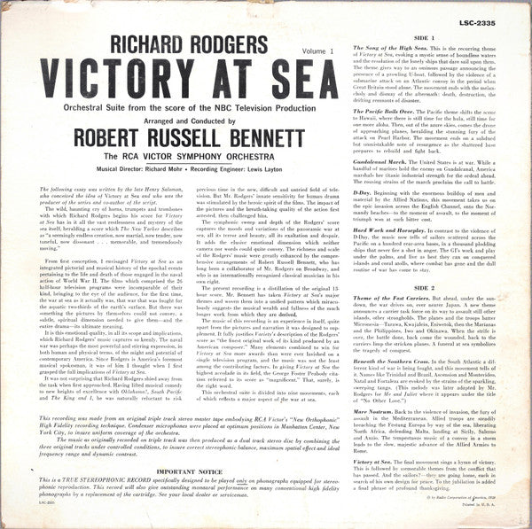 Richard Rodgers / Robert Russell Bennett / RCA Victor Symphony Orchestra - Victory At Sea Volume 1 (LP) (VG+) - Endless Media