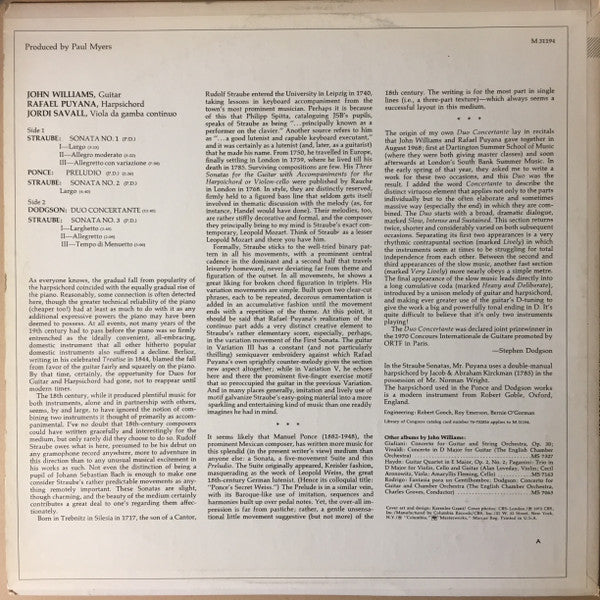 John Williams , Rafael Puyana - Music For Guitar And Harpsichord By Straube, Ponce, And Dodgson (LP) (VG) - Endless Media