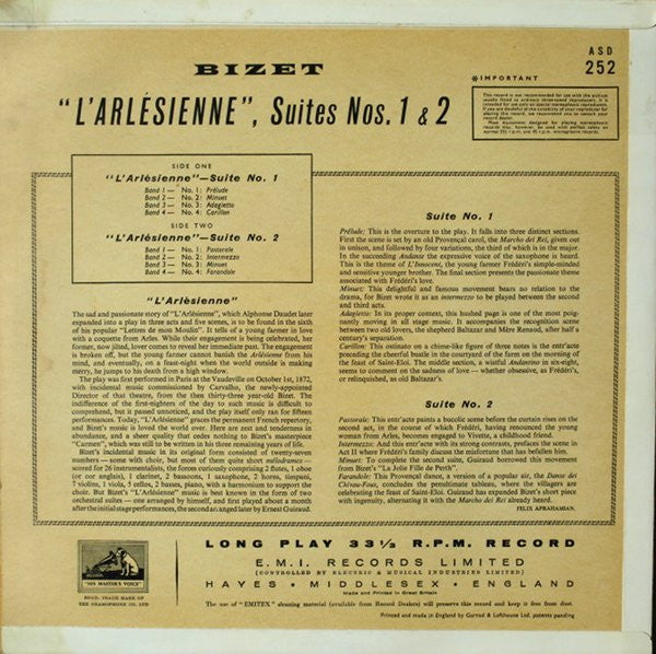 Georges Bizet, Sir Thomas Beecham, Royal Philharmonic Orchestra - "L'Arlesienne" Suites 1 & 2 (LP) (VG) - Endless Media