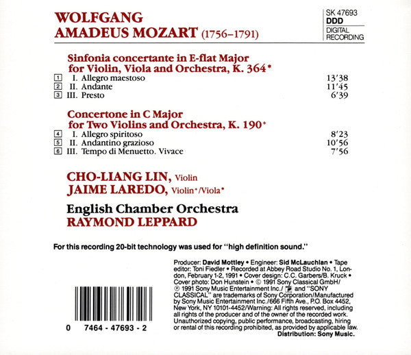 Wolfgang Amadeus Mozart, Cho-Liang Lin / Jaime Laredo / English Chamber Orchestra, Raymond Leppard - Sinfonia Concertante - Concertone (CD) (VG+) - Endless Media