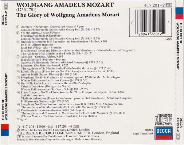 Wolfgang Amadeus Mozart - The Glory Of Wolfgang Amadeus Mozart (CD) (VG+) - Endless Media