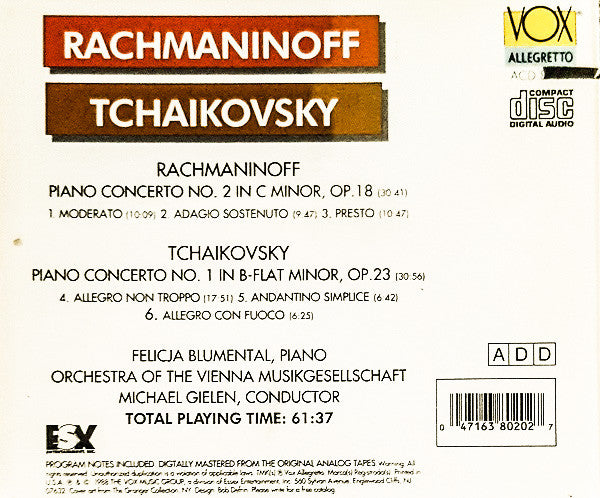 Sergei Vasilyevich Rachmaninoff / Pyotr Ilyich Tchaikovsky – Felicja Blumental, Orchester Der Wiener Musikgesellschaft, Michael Gielen - Piano Concerto No. 2 / Piano Concerto No. 1 (CD) (VG+) - Endless Media